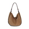 The Classic Genuine Leather Hobo Handbag features tan suede, a single shoulder strap, and dark brown trim—displayed upright against a white background—making it perfect for everyday use.