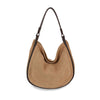 The Classic Genuine Leather Hobo Handbag features tan suede, a slouchy crescent shape, and dark brown leather strap and trim—an ideal everyday bag shown upright on a white background.