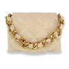 The Quilted Front Flap Shoulder Bag is a beige faux-leather hobo handbag featuring quilted detailing and a chunky gold chain strap draped across the front.