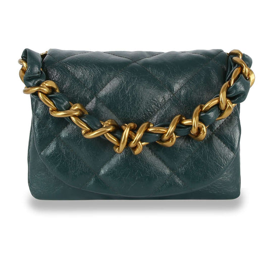 The Quilted Front Flap Shoulder Bag, in dark green faux leather with a chunky gold chain strap, is displayed against a white background.
