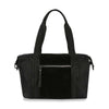 The Genuine Leather Classic Fashion Carry All is a sleek black tote with two shoulder straps, front zippered pocket, and main zip compartment—ideal for office or travel use, shown on a plain white background.