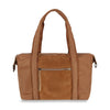 The Genuine Leather Classic Fashion Carry All is a tan leather tote with dual handles, a front zippered suede pocket, and a main zip compartment. Its minimal hardware and sleek design make it ideal for commuting or travel.