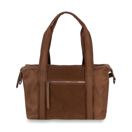 The Genuine Leather Classic Fashion Carry All is a medium brown leather tote with two handles, a front zipper pocket, structured design, smooth finish, and subtle stitching—ideal for the office or travel.