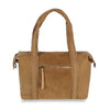 The Genuine Leather Classic Fashion Carry All is a tan tote bag with two shoulder straps, a front zip pocket, side zip details, smooth and suede textures, and tablet compatibility for everyday use.
