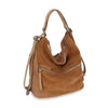 The Genuine Leather Convertible Hobo Backpack in tan features leather and suede, multiple compartments, a front zippered pocket, and an adjustable strap, shown on a white background.