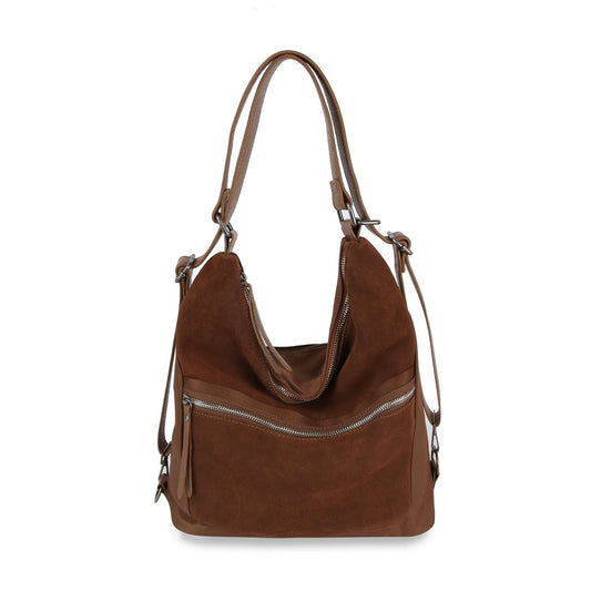The Genuine Leather Convertible Hobo Backpack features brown suede, a slouchy shape, silver zippers, adjustable straps for shoulder or crossbody wear, a front zip pocket, and a soft design for a stylish backpack purse look.