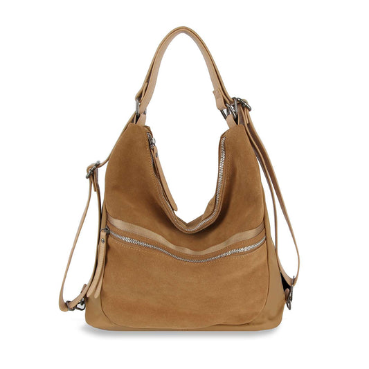 The Genuine Leather Convertible Hobo Backpack in tan suede and leather features silver zippers, a shoulder strap, and two handles, shown standing upright against a white background.