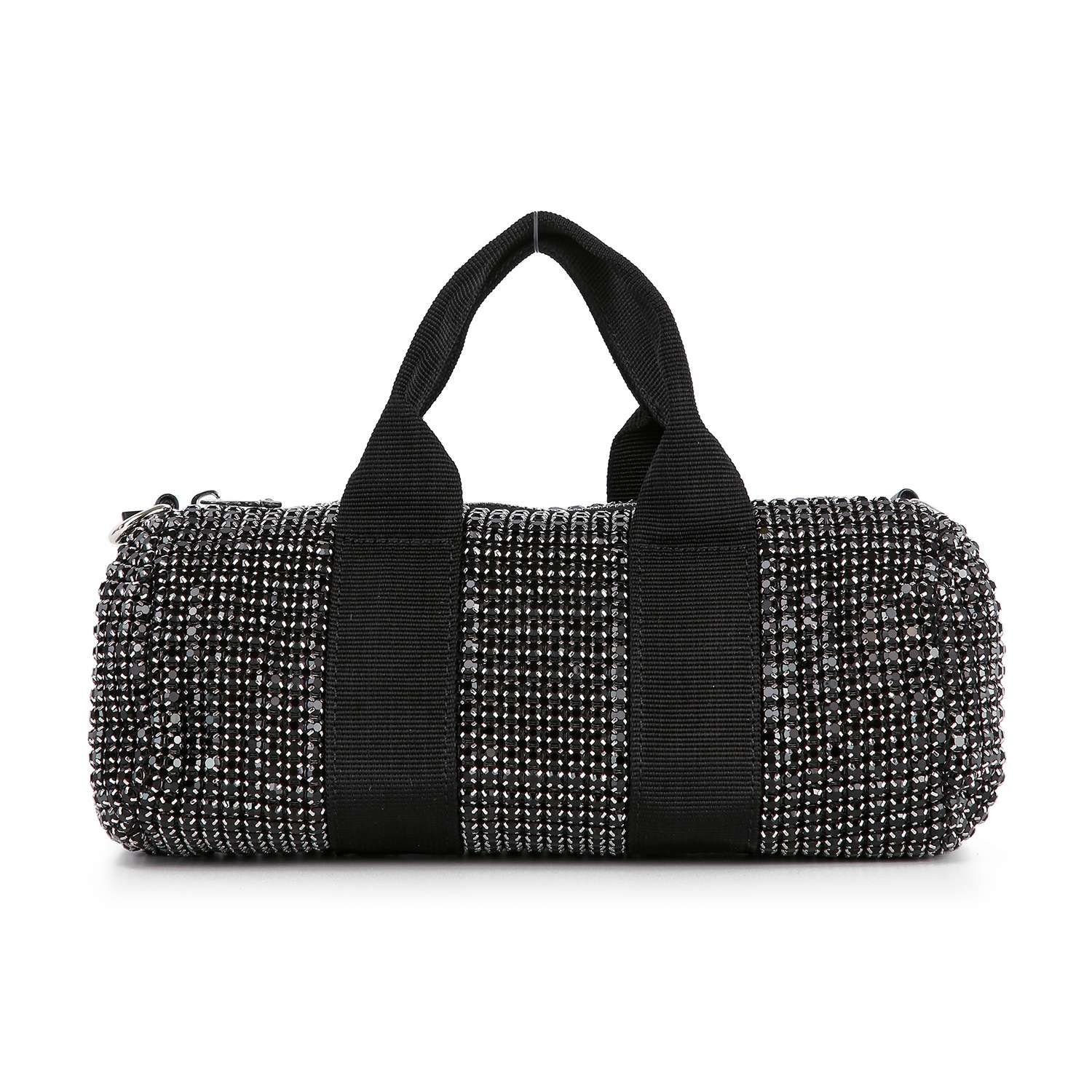 The Classy and Casual Rhinestone Evening Bag is a cylindrical black hand tote adorned with sparkling silver rhinestones, two sturdy black handles, and a top zipper closure.