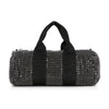 The Classy and Casual Rhinestone Evening Bag is a cylindrical black hand tote adorned with sparkling silver rhinestones, two sturdy black handles, and a top zipper closure.