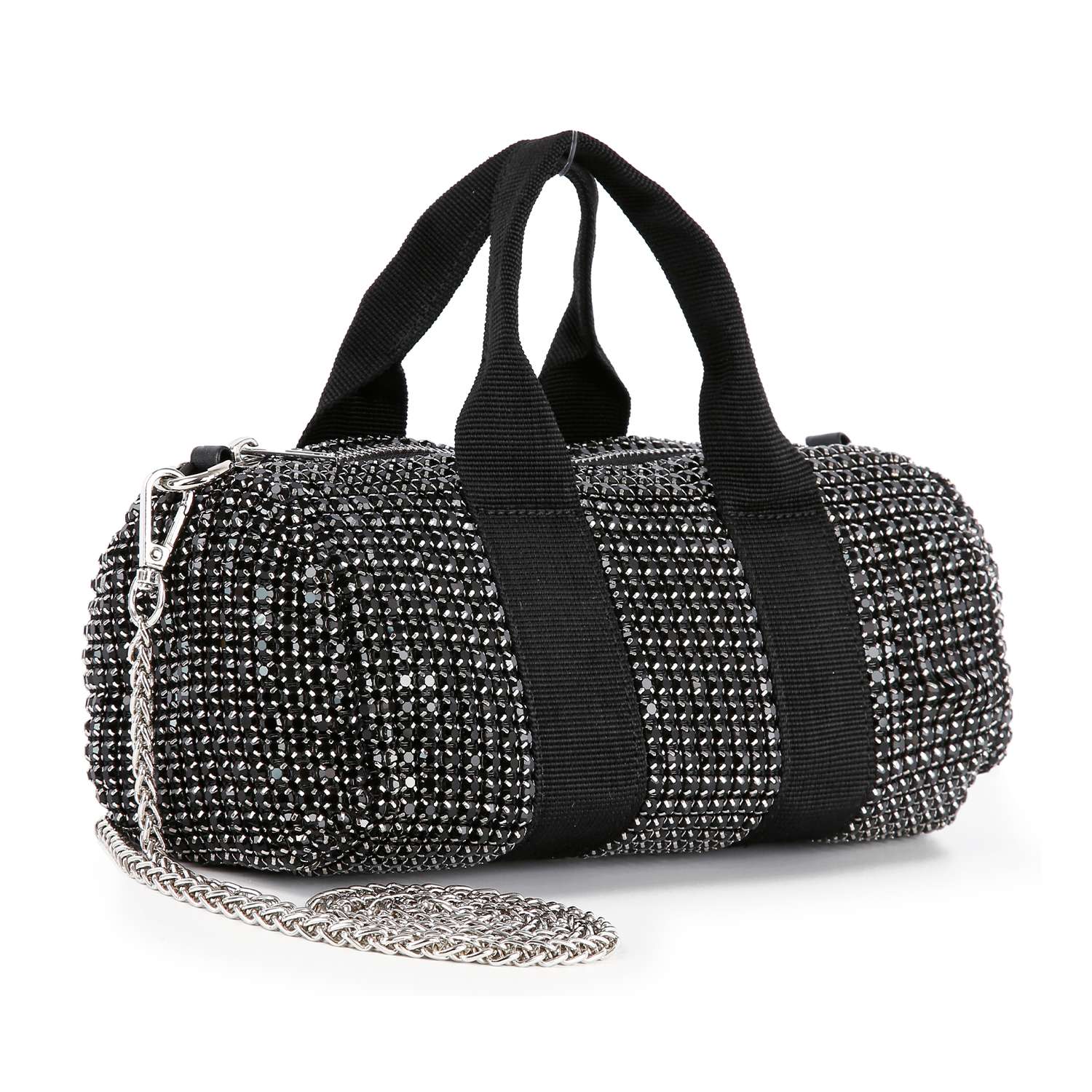 The Classy and Casual Rhinestone Evening Bag, a small cylindrical tote adorned with sparkling rhinestones, features sturdy black handles and a silver chain strap, displayed against a white background.