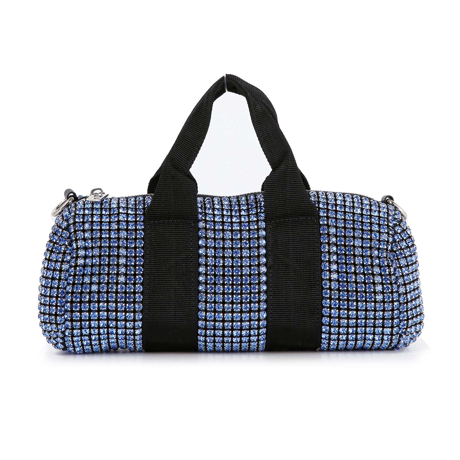 The Classy and Casual Rhinestone Evening Bag is a small cylindrical hand tote, covered in blue rhinestones with black fabric double handles and black vertical strap accents.