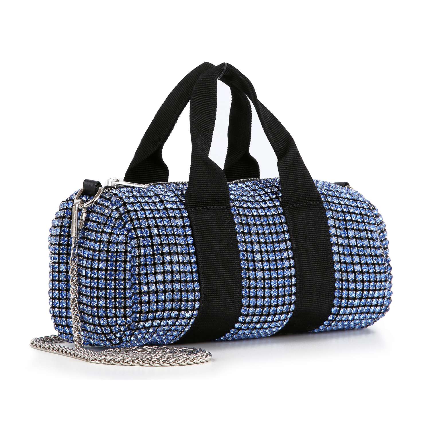 The Classy and Casual Rhinestone Evening Bag features a small blue cylindrical design with black handles, a silver chain strap, and faux leather material. This sparkling purse is perfect for any look. Displayed on a white background.