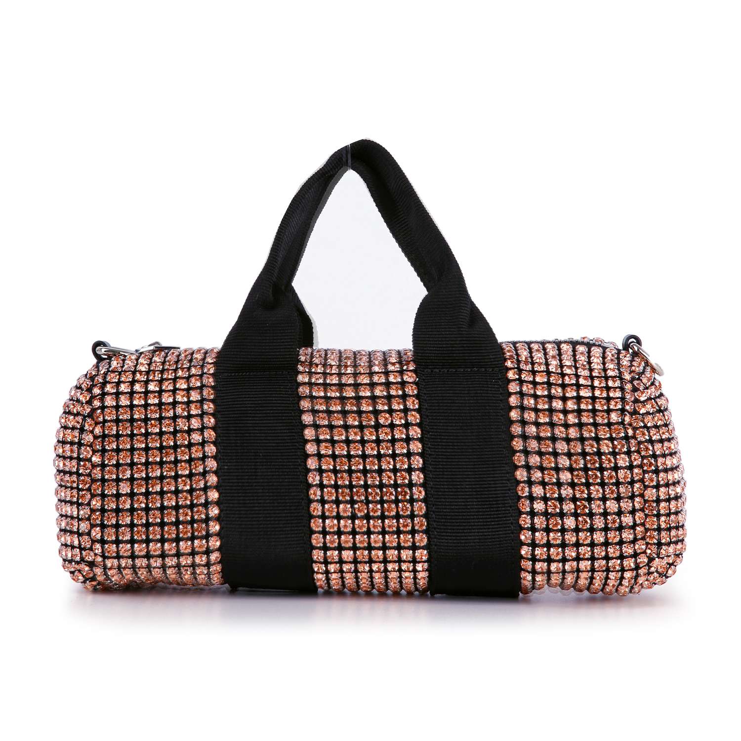 The Classy and Casual Rhinestone Evening Bag is a cylindrical hand tote embellished with shiny rose gold rhinestones, featuring black handles and black side straps.