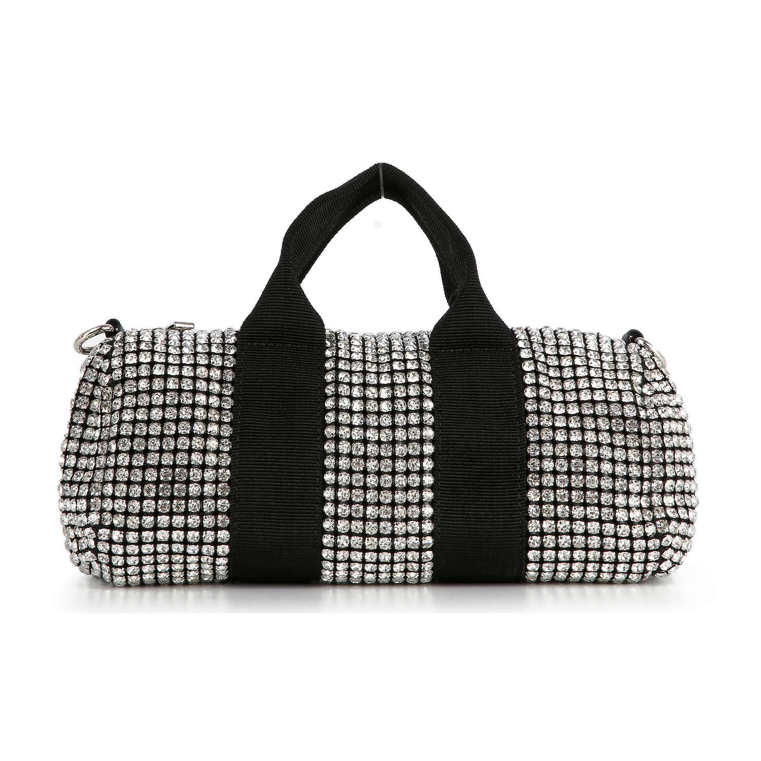 The Classy and Casual Rhinestone Evening Bag is a small cylindrical tote covered in sparkling rhinestones, featuring two wide black handles and black vertical side stripes—perfect for adding glam to any outfit.