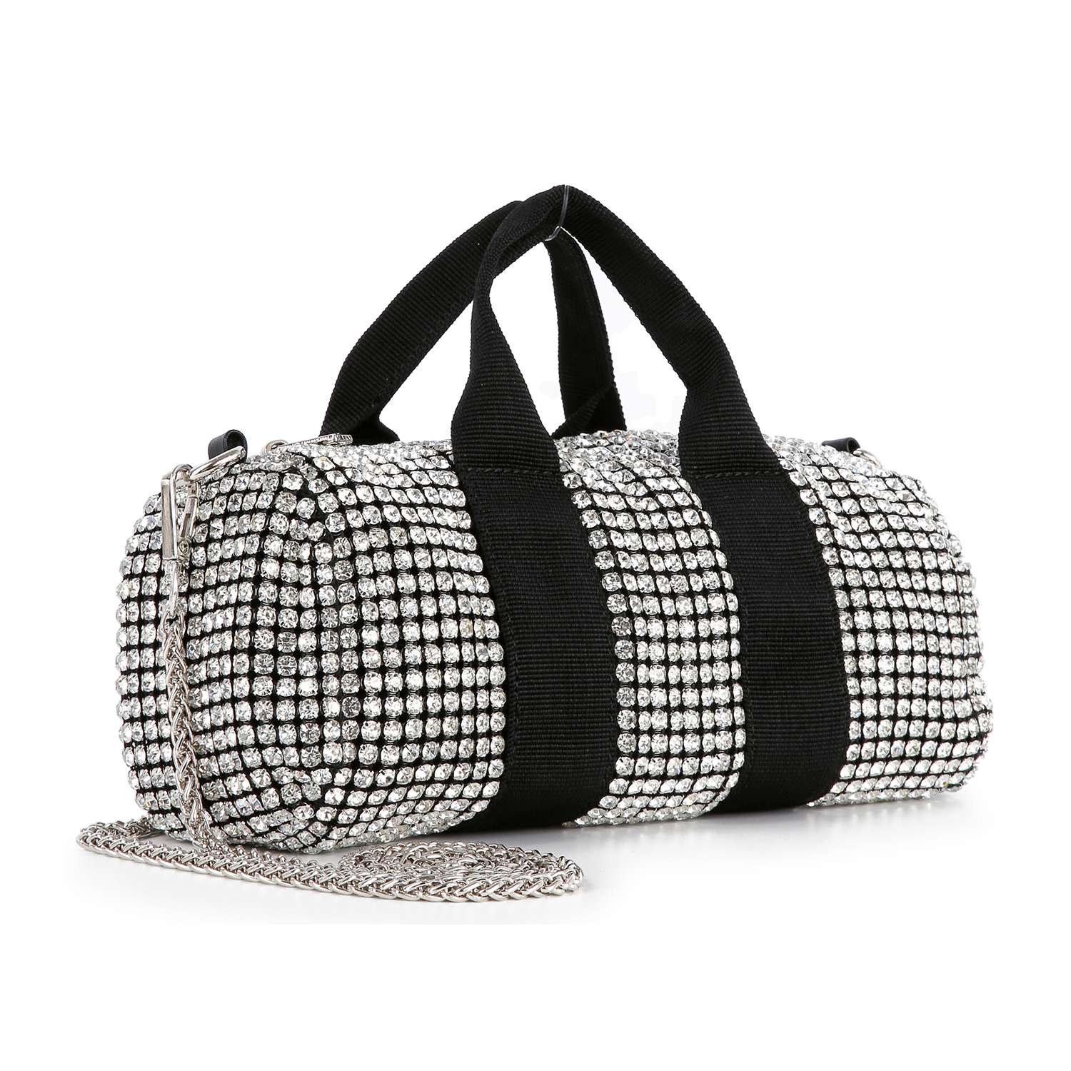 The Classy and Casual Rhinestone Evening Bag is a small cylindrical tote with black fabric handles and a silver chain strap, perfect for adding sparkle to any outfit.