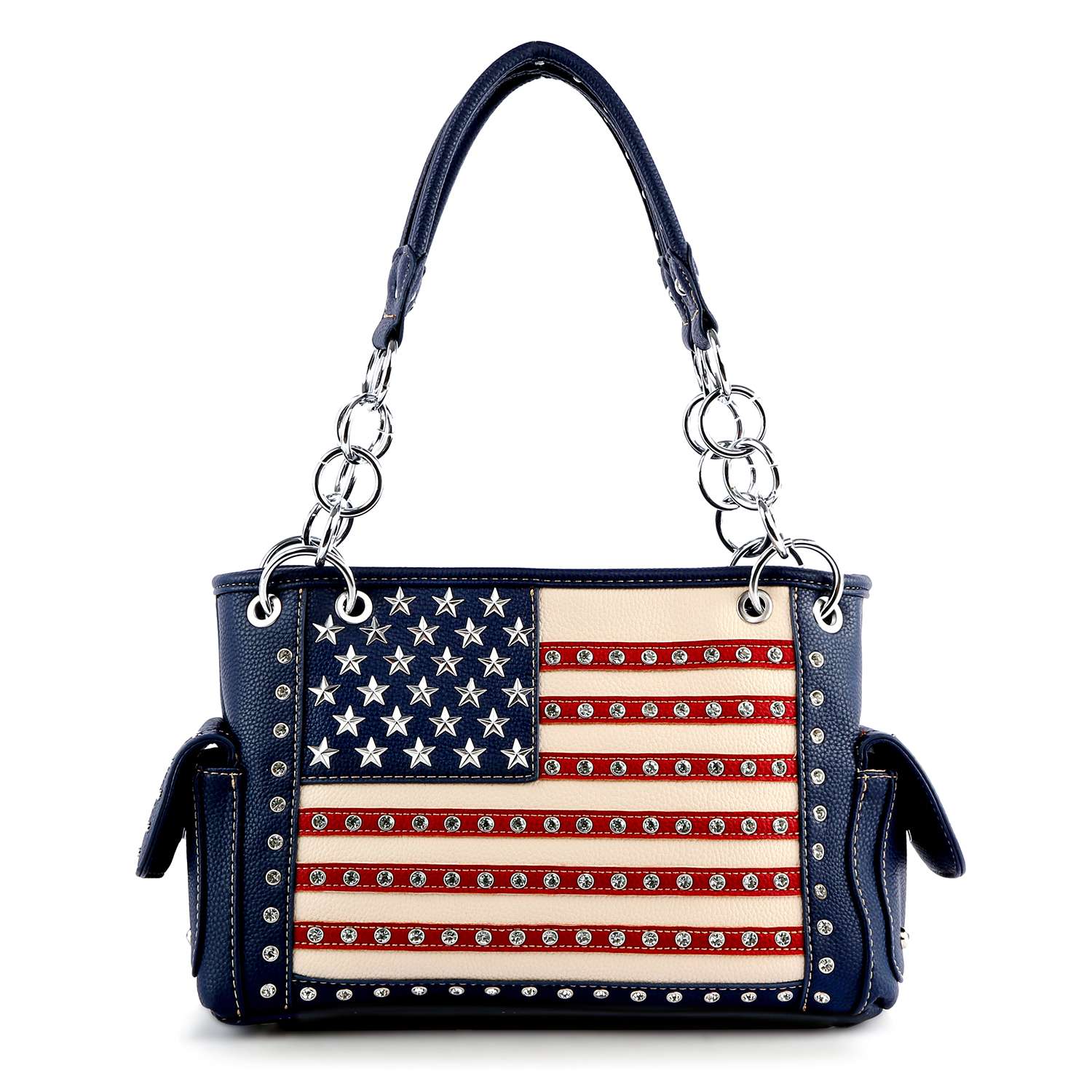 The American Flag Rhinestone Handbag features a blue faux leather design with silver studs, an American flag motif, two side pockets, and silver chain handles—blending patriotic style with everyday practicality.