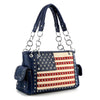 The American Flag Rhinestone Handbag features a blue faux leather design with silver studs, chain handles, and an American flag pattern—ideal as a stylish USA flag shoulder bag.