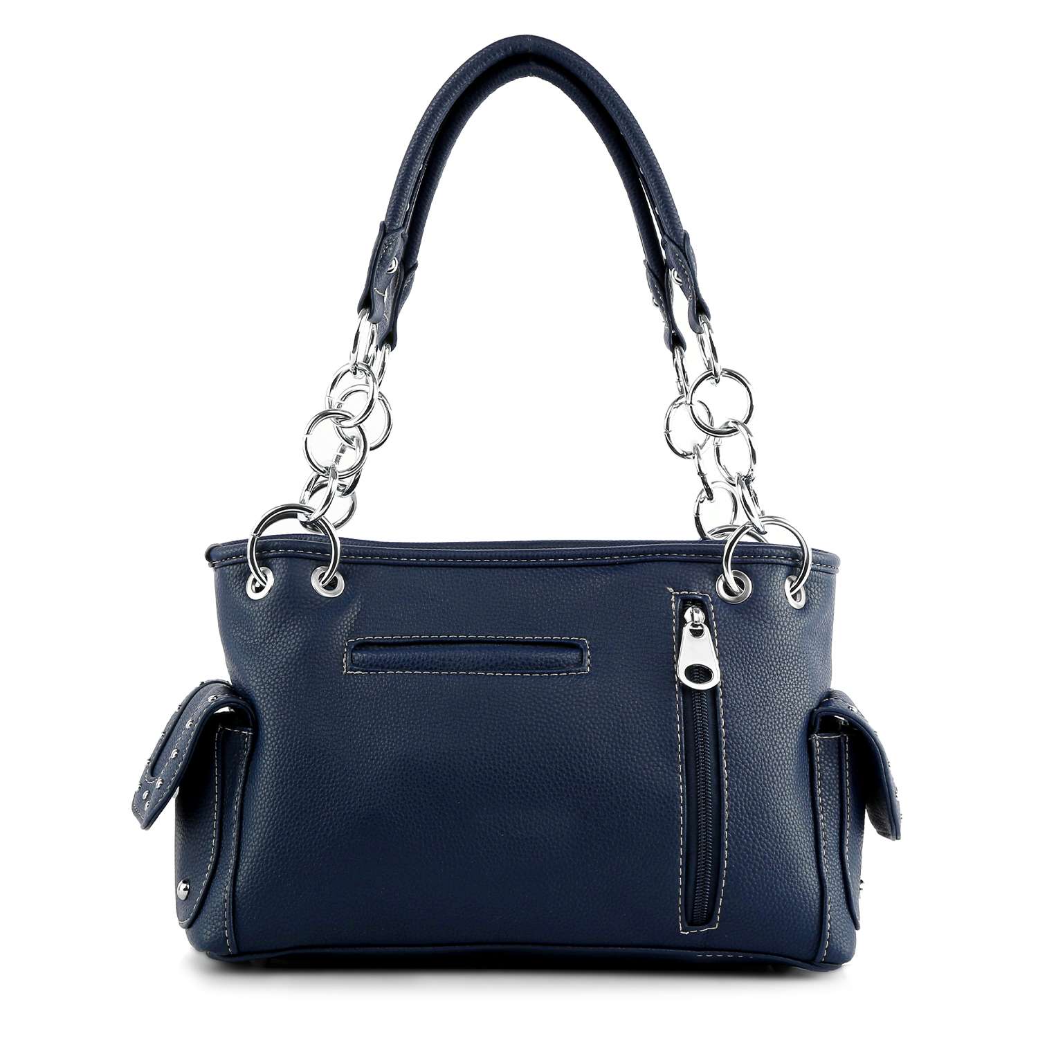 The American Flag Rhinestone Handbag features silver chain handles, two side pockets with button flaps, a front zippered pocket, textured finish, and white stitching accents.