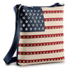 The American Flag Rhinestone Crossbody Sling features blue, white, and red stripes, silver studs and stars, rhinestone accents, and a navy adjustable strap—offering both style and patriotic flair.