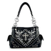 The Western Rhinestone Cross Handbag is a black faux leather purse with silver studs, white embroidery, and a large ornate cross on the front. Double handles with metal rings and studded side pockets add both style and function.