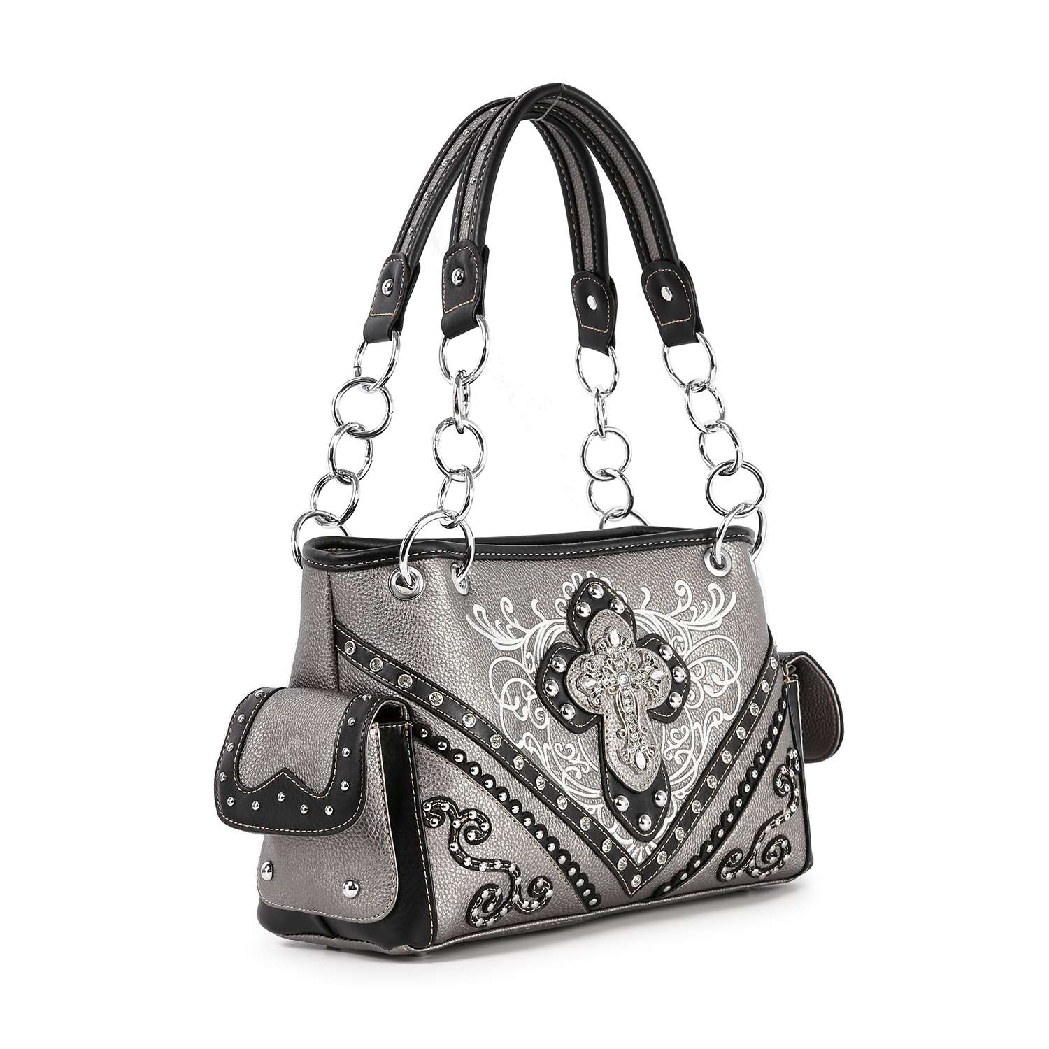 The Western Rhinestone Cross Handbag features gray and black tones, silver chain handles, decorative rhinestones, an ornate central cross pattern, side pockets, and detailed embroidery.