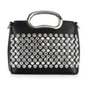 The Studded Stone Shoulder Bag Tote is a small black faux leather handbag with a metallic handle, featuring multiple rows of large clear rhinestones on the front and a detachable chain strap for versatile styling.