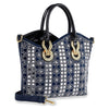 The Rhinestone Design Elegant Tote is a navy faux leather bag with black handles, gold hardware, a detachable strap, and chic white and silver bead and rhinestone geometric and floral embellishments.