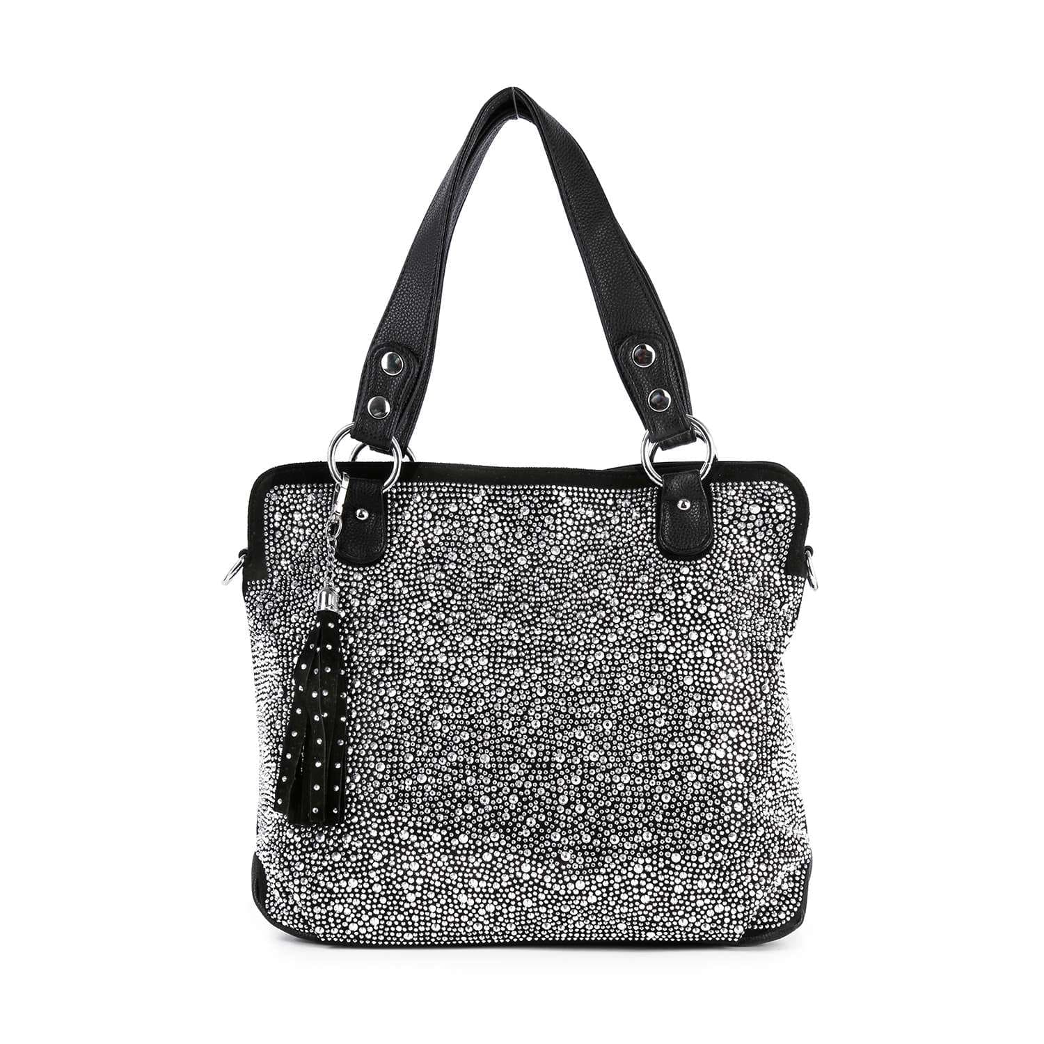 The Sparkling Rhinestone Shoulder Bag is a black and white faux leather handbag with black handles, a beaded tassel keychain, metal strap accents, and tablet compatibility for added convenience.