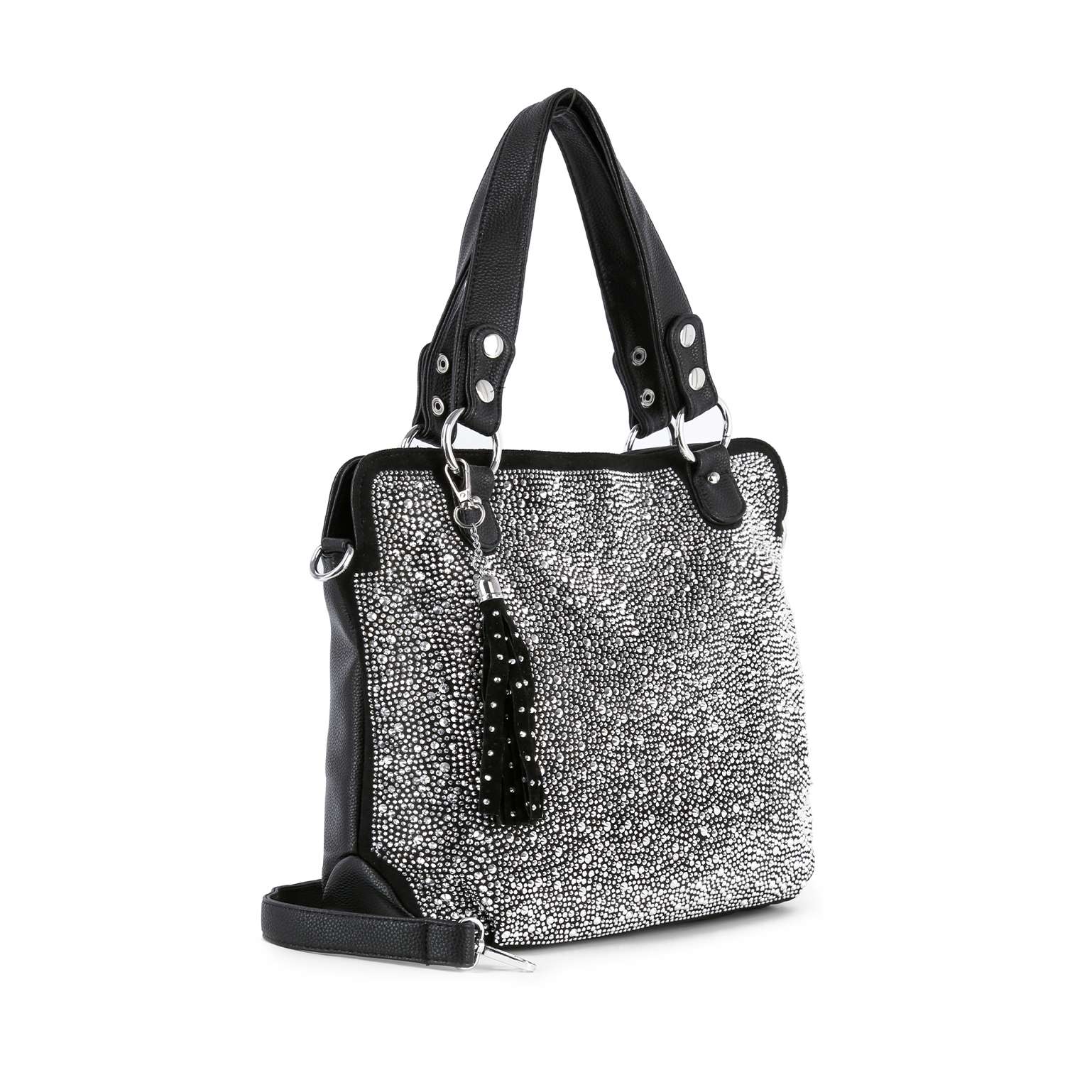 The Sparkling Rhinestone Shoulder Bag features black faux leather, two top handles, a detachable shoulder strap, a rhinestone-adorned front, a black tassel on a silver ring, and is tablet compatible for convenience.
