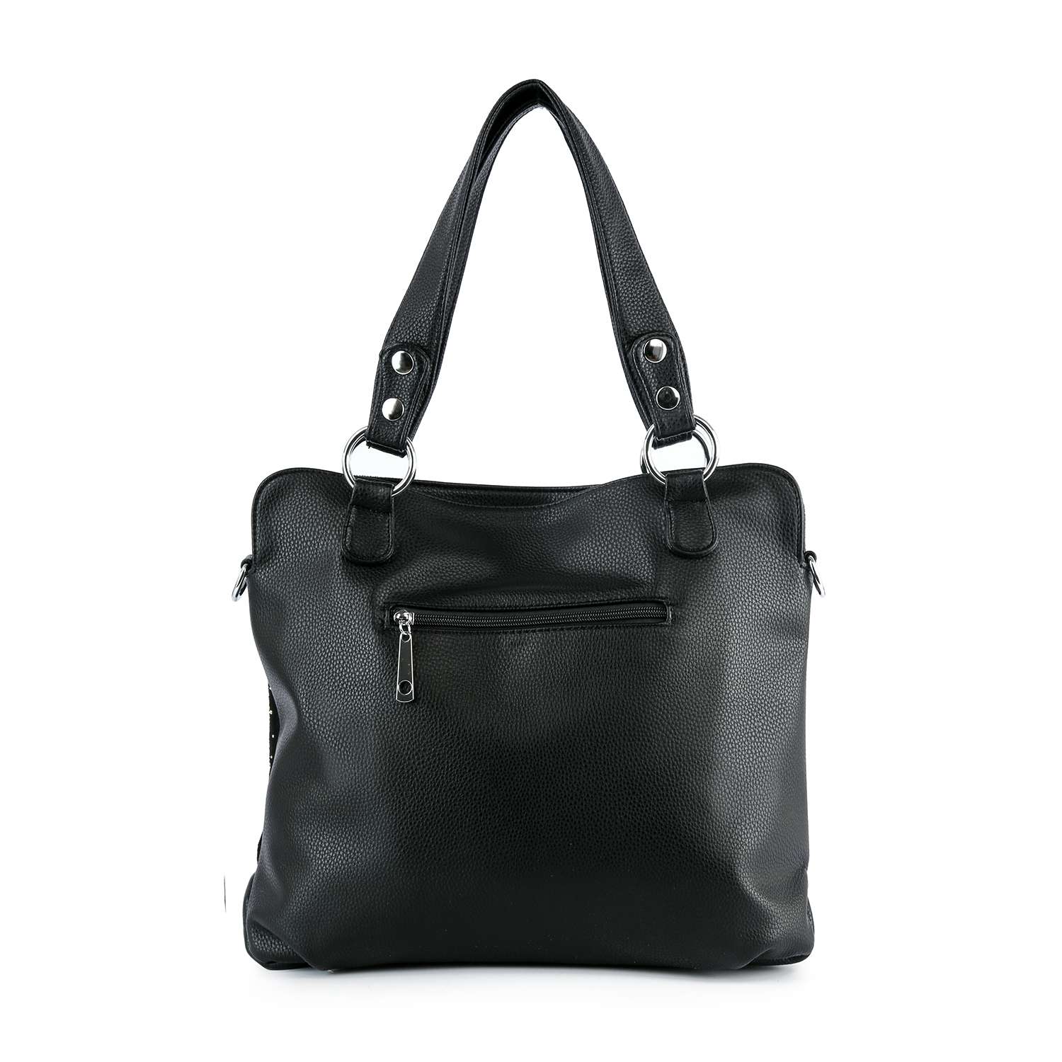 The Sparkling Rhinestone Shoulder Bag, featuring two handles, silver-tone hardware, and a front zippered pocket in black faux leather, is displayed against a white background.