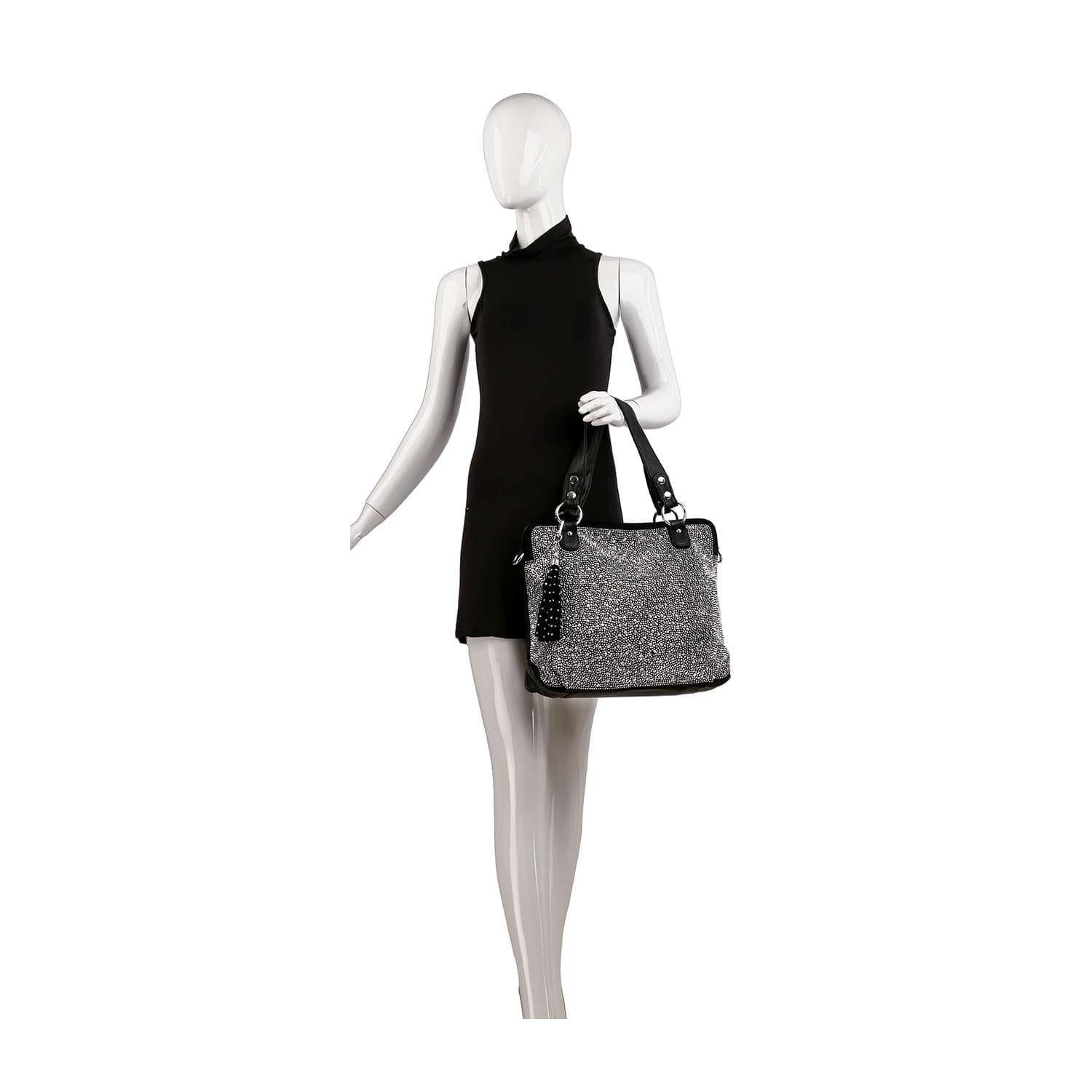 A mannequin in a sleeveless black dress holds the Sparkling Rhinestone Shoulder Bag, a large gray faux leather handbag with black handles, accents, and a decorative charm. The bag is tablet-compatible and has a textured finish.