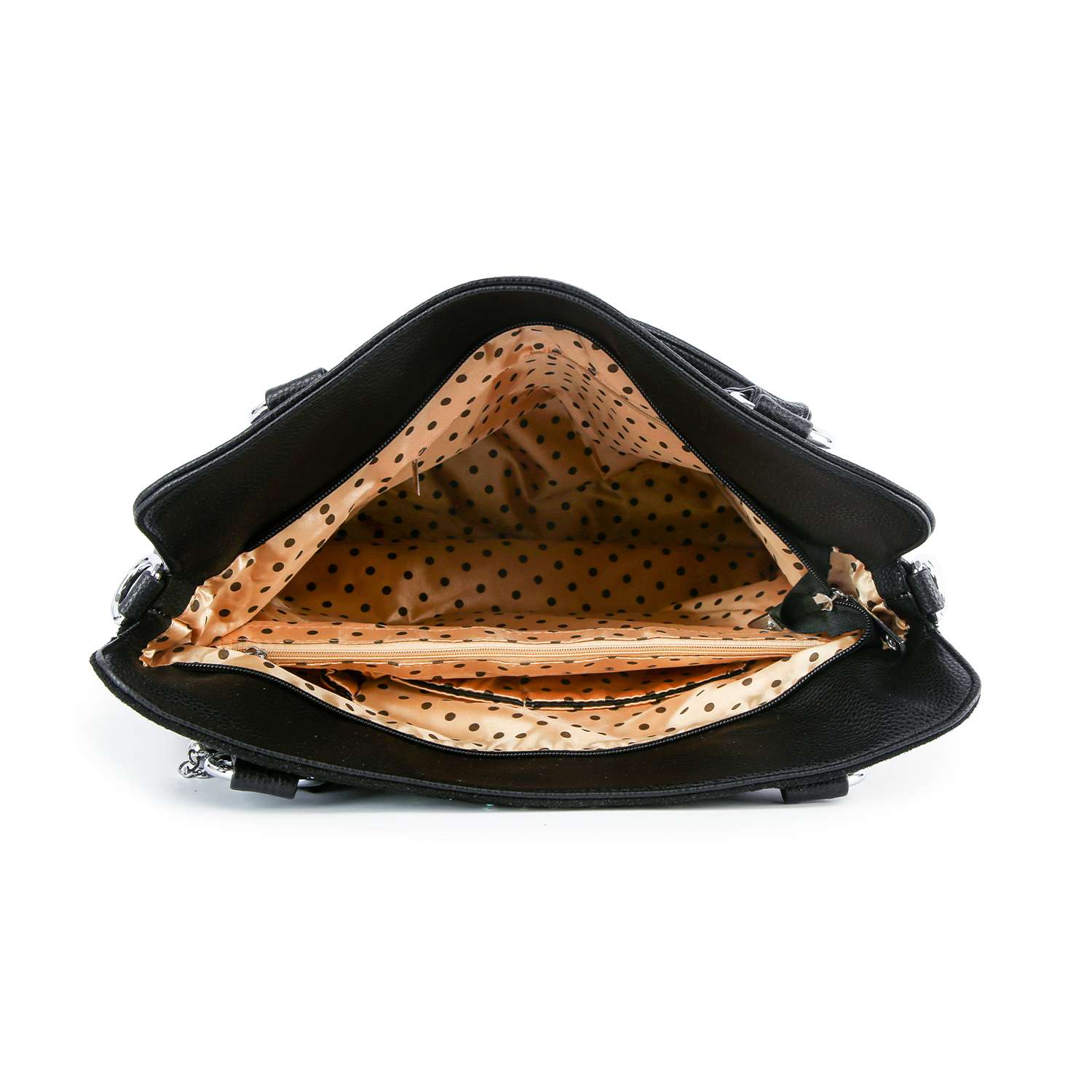 The Sparkling Rhinestone Shoulder Bag features a black faux leather exterior, an open top revealing a beige polka dot interior with multiple compartments and a zippered pocket—ideal for carrying your tablet and daily essentials.