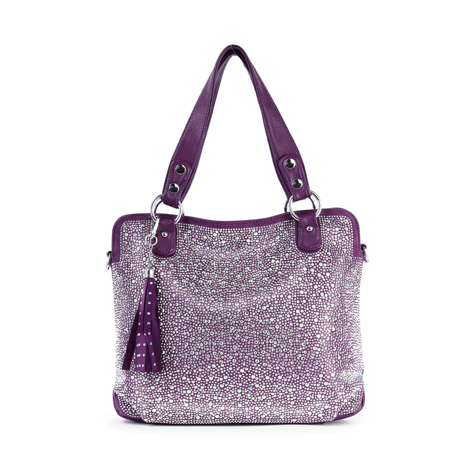 The Sparkling Rhinestone Shoulder Bag is a purple faux leather handbag featuring two handles, silver hardware, a tassel accent, and a front and side design covered in small white rhinestones.