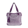 The Sparkling Rhinestone Shoulder Bag is a purple faux leather handbag featuring two handles, silver hardware, a tassel accent, and a front and side design covered in small white rhinestones.