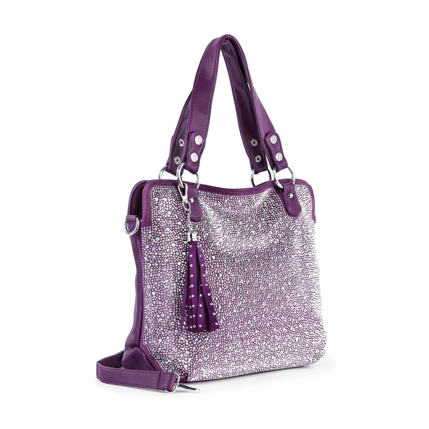 The Sparkling Rhinestone Shoulder Bag in purple faux leather features silver rhinestones, double handles, a detachable shoulder strap, tablet compatibility, and a matching tassel charm on one handle.