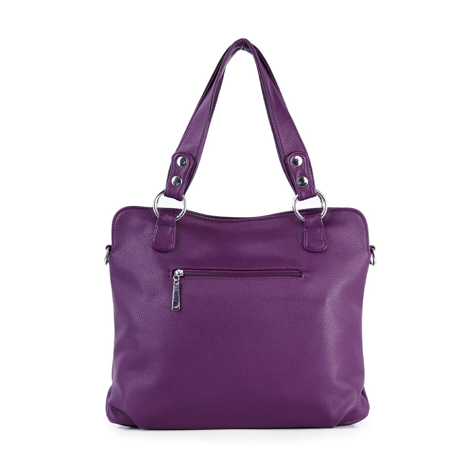 The Sparkling Rhinestone Shoulder Bag is a purple faux leather handbag with two shoulder straps, silver hardware, and a front zippered pocket. Tablet compatible and shown against a white background.