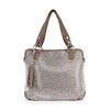 The Sparkling Rhinestone Shoulder Bag in taupe features double handles, silver rhinestone studs, a side tassel, and metallic accents. Its faux leather rectangular design offers tablet compatibility and everyday elegance.