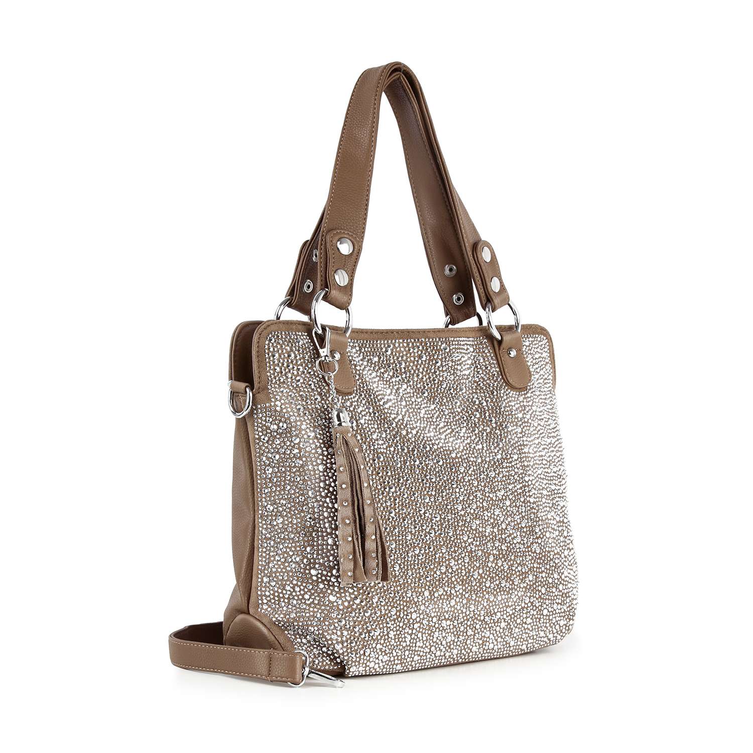 The Sparkling Rhinestone Shoulder Bag features stylish taupe faux leather, silver studs, dual handles, a removable shoulder strap, and a decorative tassel accent, displayed against a white background.