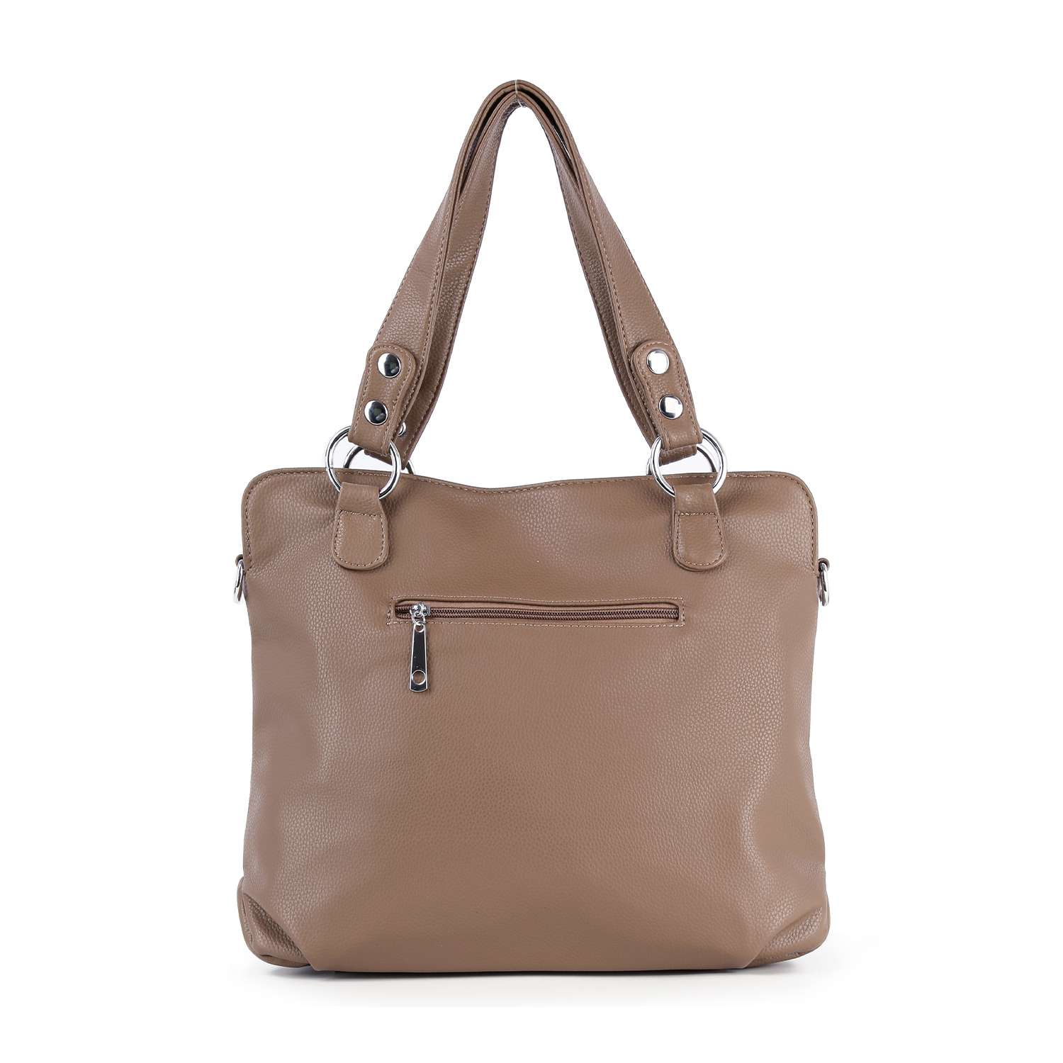 The Sparkling Rhinestone Shoulder Bag features taupe faux leather, two handles, silver hardware, and a front zippered pocket, shown against a white background.