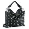 The Studded Rhinestone Embossed Fashion Handbag is a spacious black faux leather bag with a quilted pattern, silver studs, short handles, and a detachable shoulder strap for a stylish, edgy look suited to any occasion.