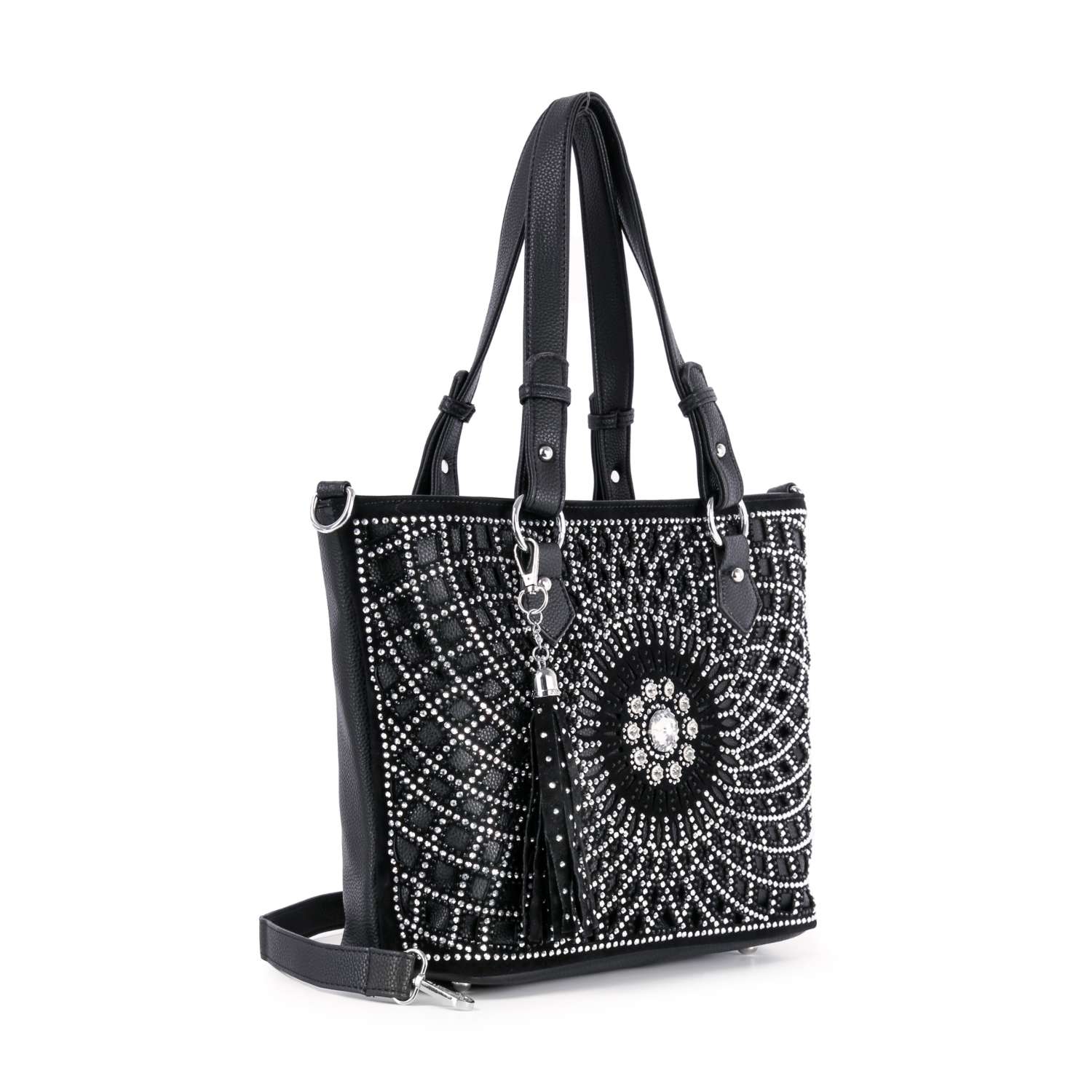 The Patterned Bling Layered Design Shopper Tote is a black faux leather handbag with double handles, silver studs, a rhinestone sunburst pattern, detachable shoulder strap, decorative tassel, silver hardware, and fits a tablet.