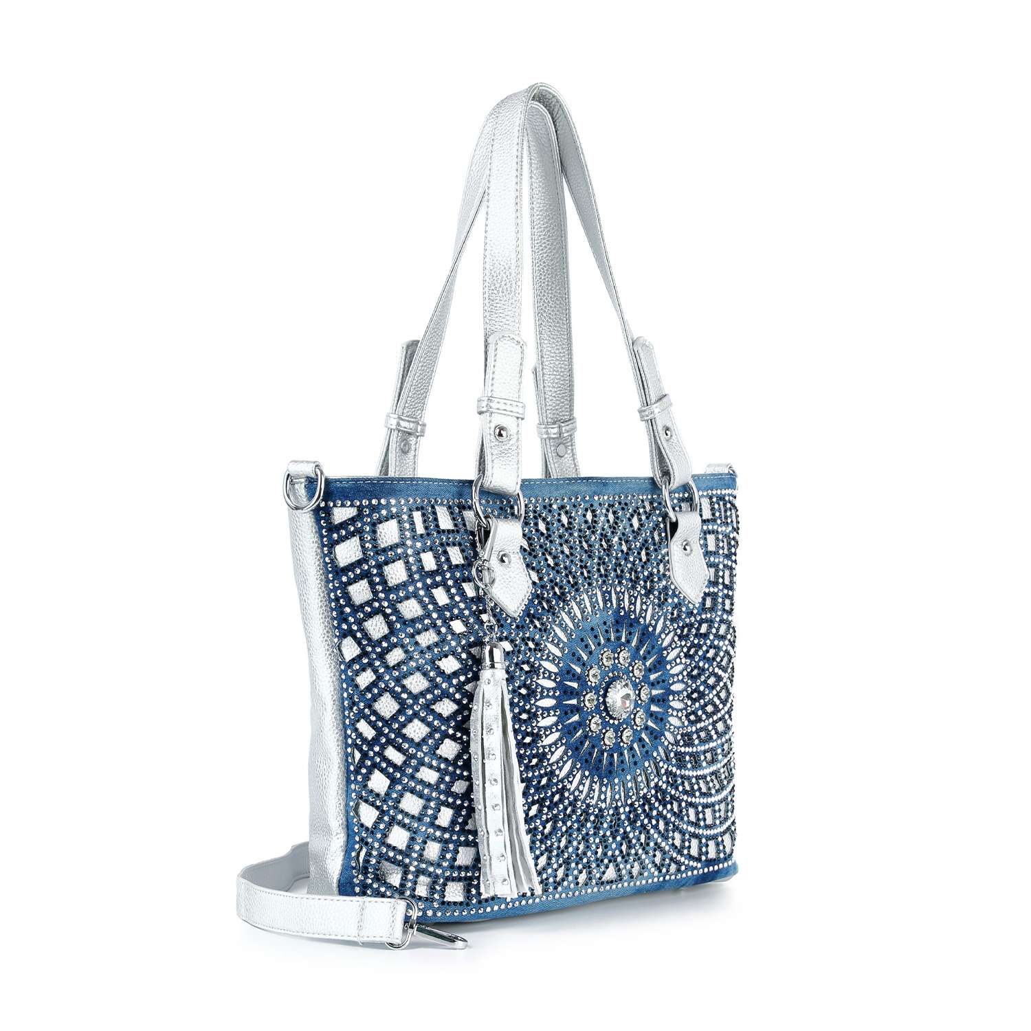 The Patterned Bling Layered Design Shopper Tote is a silver and blue sunburst handbag with geometric and circular beadwork, two silver handles, a detachable strap, and a white tassel—perfect as a stylish, tablet-compatible purse.