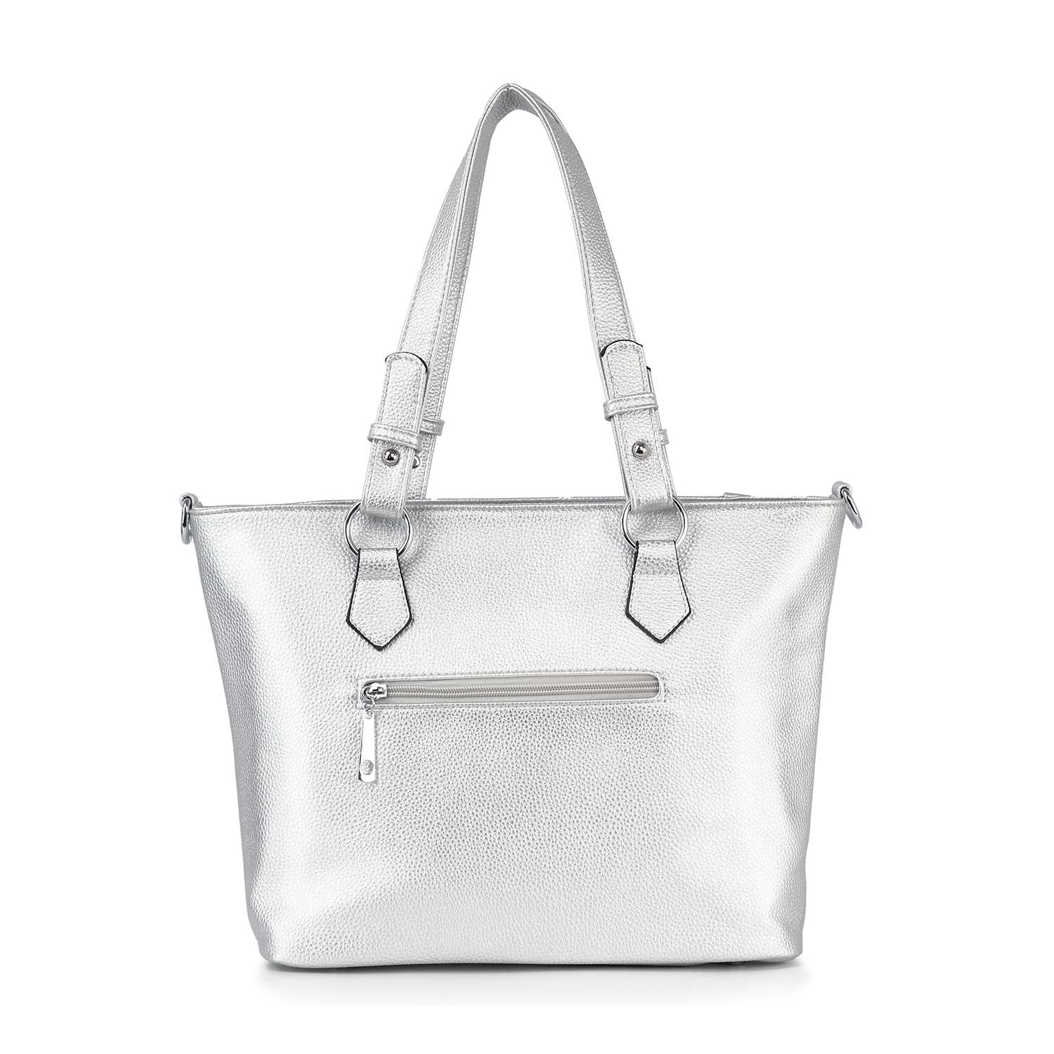 The Patterned Bling Layered Design Shopper Tote is a silver faux leather bag with two shoulder straps, a small front zipper pocket, and a pebbled texture. Tablet compatible, its shown against a plain white background.