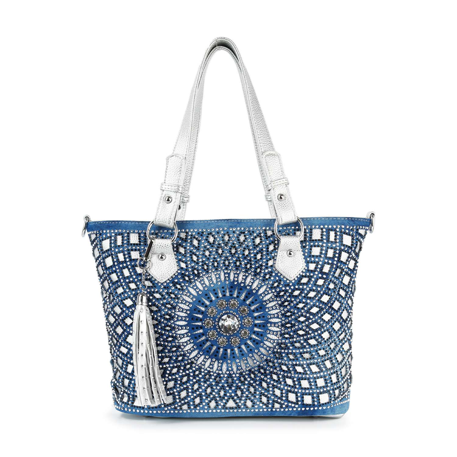The Patterned Bling Layered Design Shopper Tote is a blue and white handbag featuring silver handles, geometric patterns, rhinestone accents, and a decorative tassel on one handle.