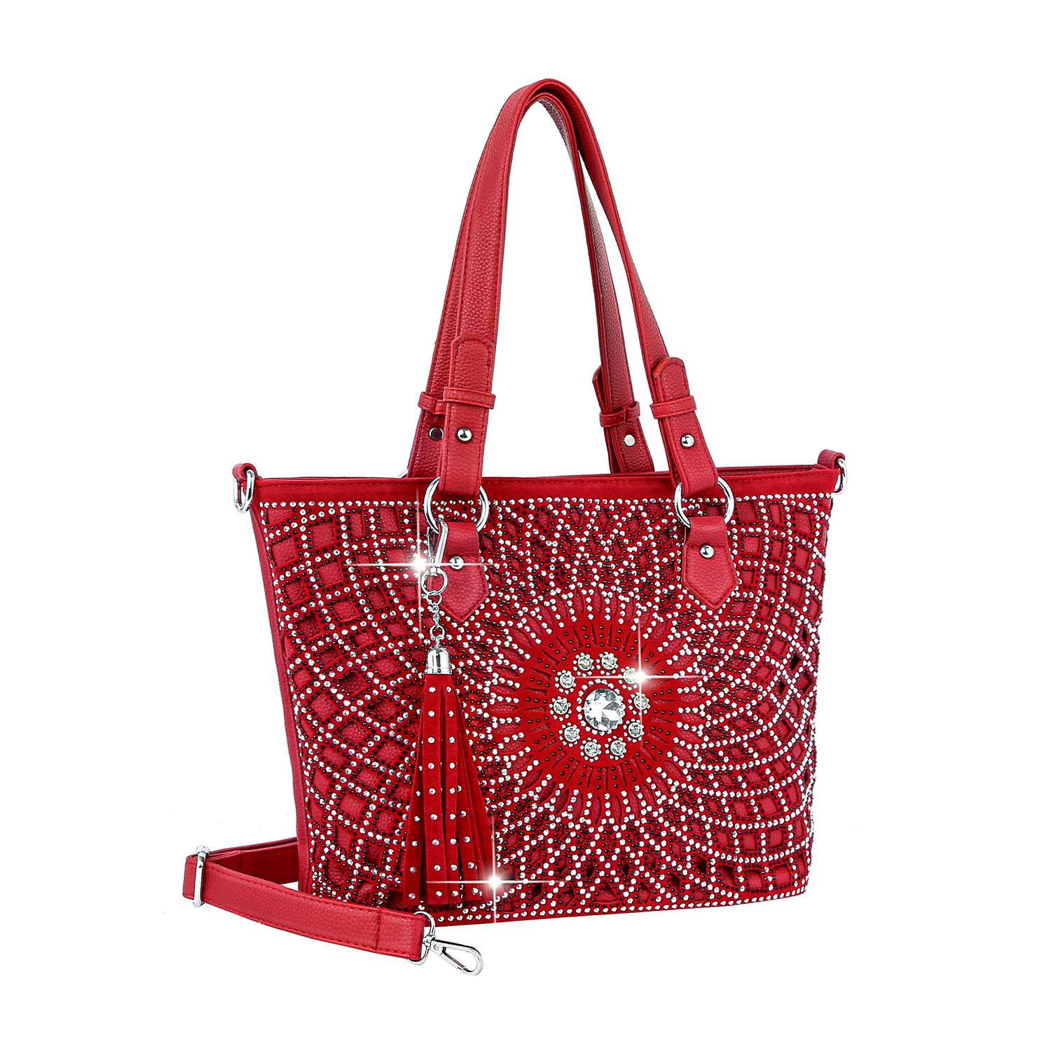 The Patterned Bling Layered Design Shopper Tote features red faux leather, dual handles, a detachable strap, rhinestone sunburst accents, silver studs, and a matching red tassel keychain. This chic tote is tablet compatible and practical for everyday use.
