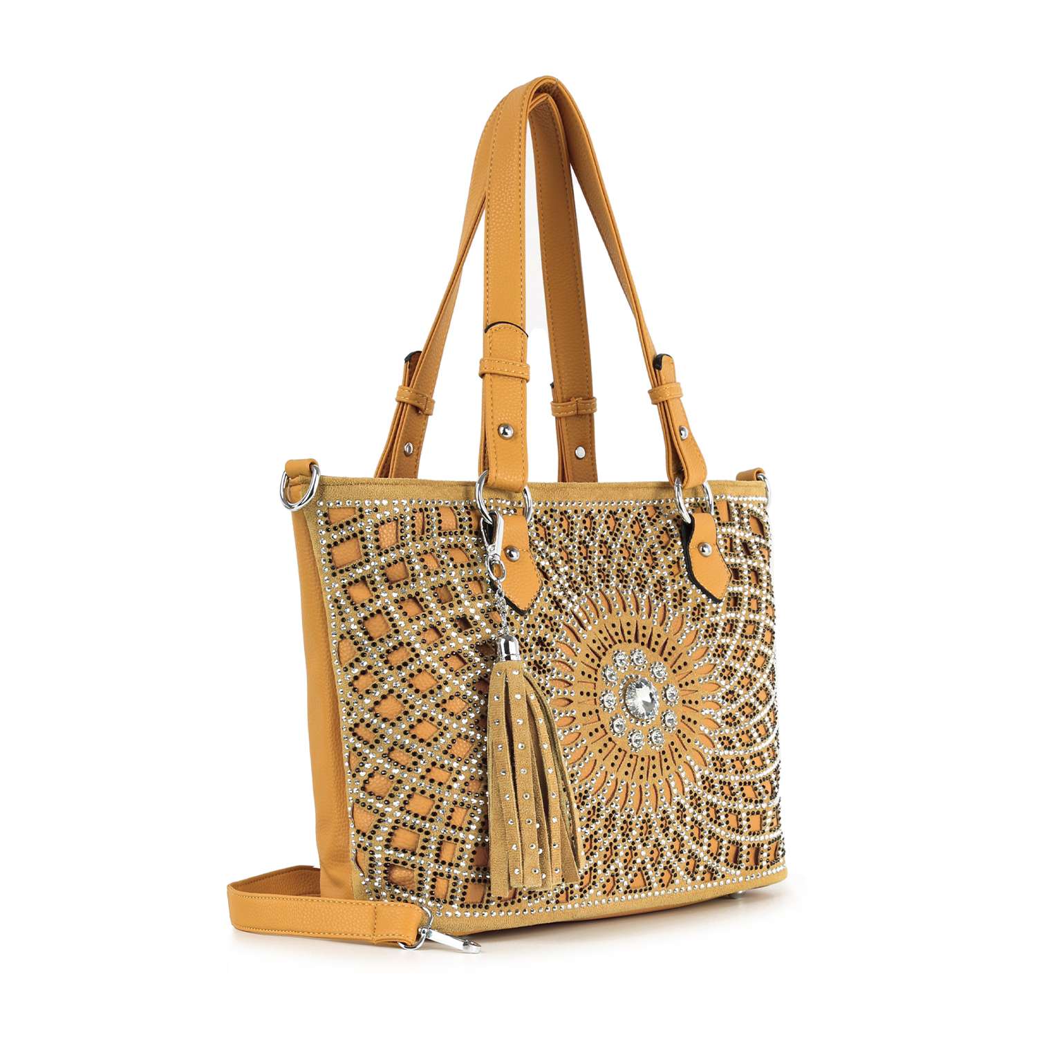 Patterned Bling Layered Design Shopper Tote: Tan handbag with dual handles, detachable shoulder strap, beaded and studded mandala design, decorative tassel, central rhinestone accent; fits a tablet.