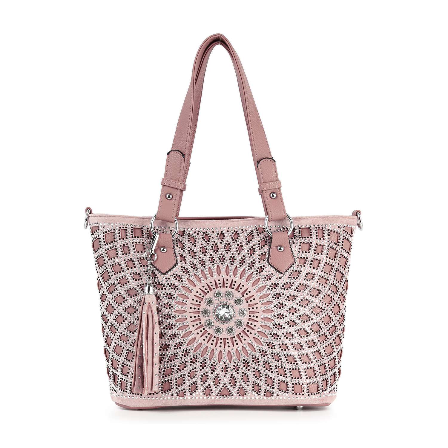 The Patterned Bling Layered Design Shopper Tote is a pink faux leather bag with double handles, silver hardware, geometric cutout patterns, a central mandala detail, a side tassel, and is tablet compatible.