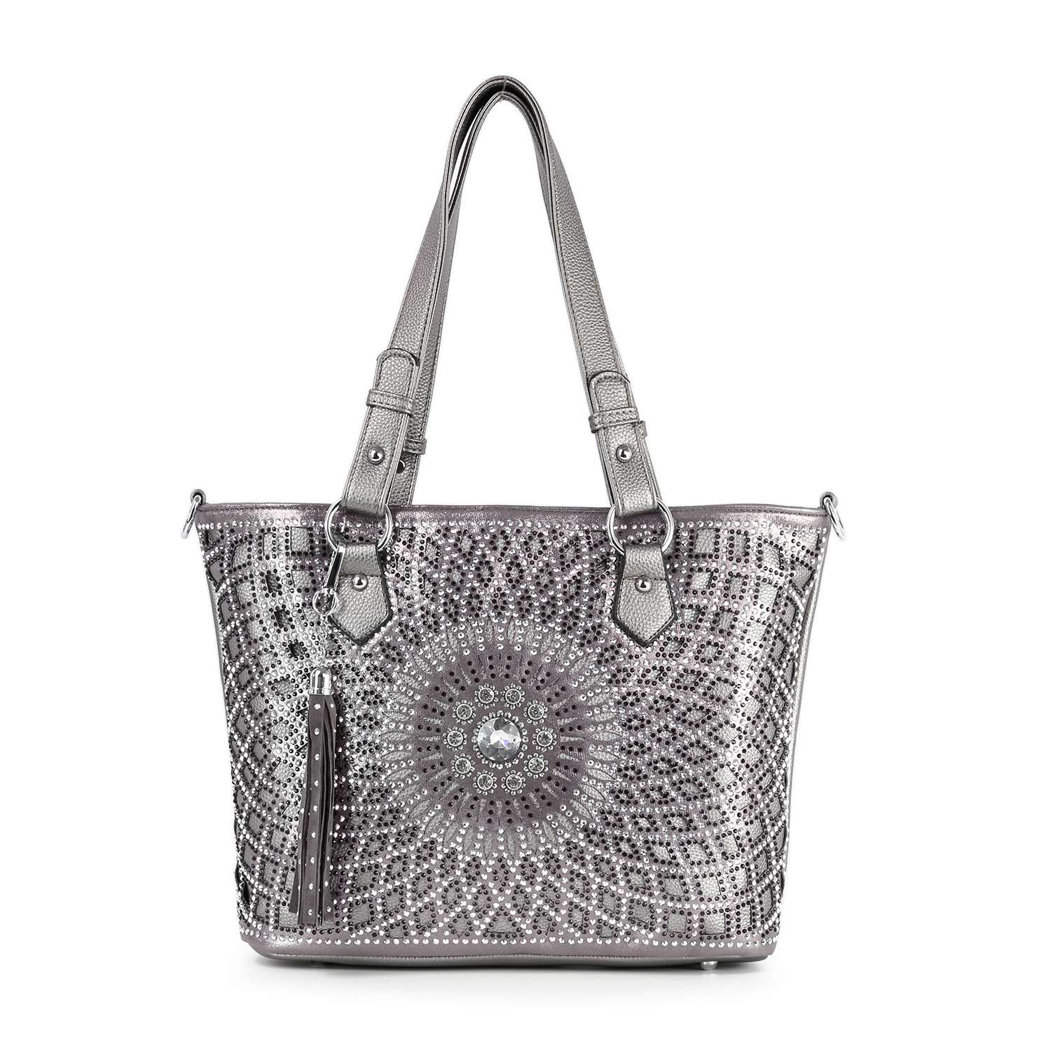 The Patterned Bling Layered Design Shopper Tote is a silver faux leather bag with double handles, geometric patterns, rhinestones, a central sunburst accent, and tassel—chic and tablet compatible for any occasion.
