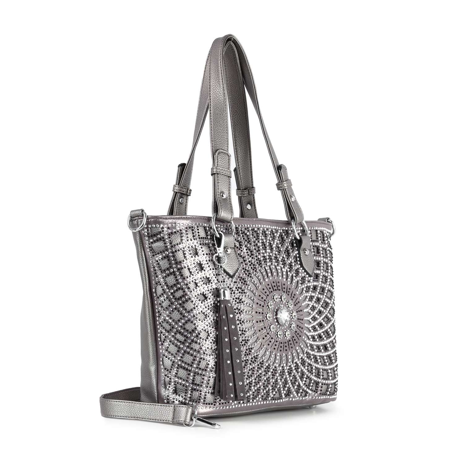 The Patterned Bling Layered Design Shopper Tote features a metallic silver faux leather finish, geometric and circular studs, double shoulder straps, a detachable crossbody strap, and tassels—stylish and tablet compatible.