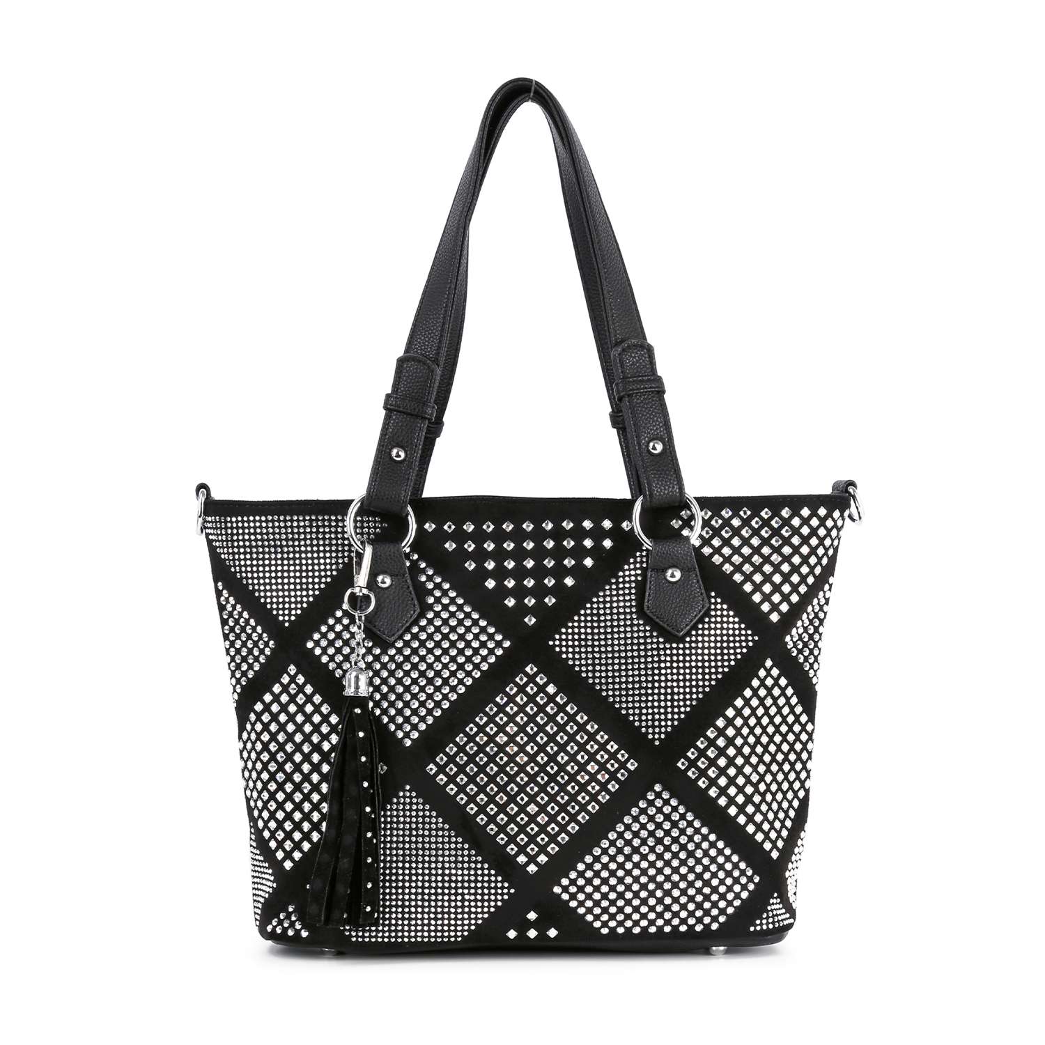 The Diamond Pattern Shopper Style Tote features black faux leather, two shoulder straps, a geometric diamond pattern with white studs, and a black tassel keychain. Tablet compatible, it combines style with everyday functionality.